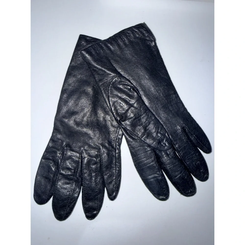 FOWNES Long Vtg Black Leather‎ Soft Gloves Womens Sz 7.5 G